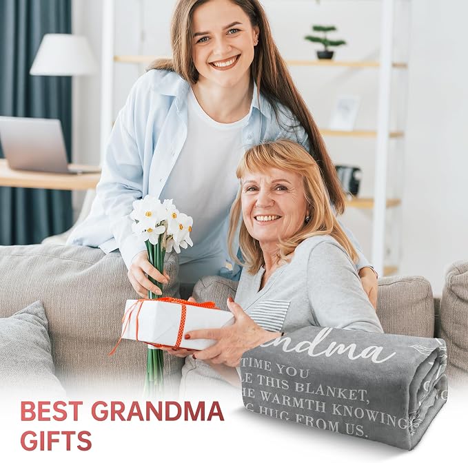 GiltGlimmer Grandma Gifts, Grandma Floral Blanket 50" x 60", Grey | Birthday Gifts for Grandma from Grandkids, to My Grandmother Soft Flannel Throw Blanket for Christmas Mothers Day