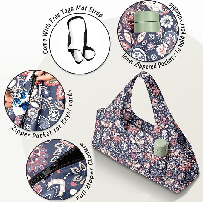 Women's Yoga Bag with Yoga Mat Carrier - Large Mat Pocket Fitness Tote for Pilates, Gym, Travel, Office & Beach