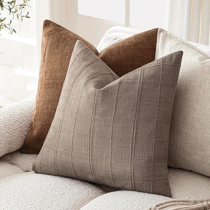 Foindtower Set of 2 Decorative Linen Check Throw Pillow Covers Neutral Farmhouse Vintage Cushion Covers Modern Boho Home Decor for Sofa Chair Couch Bedroom Living Room,16×16 Inch,Tan Taupe