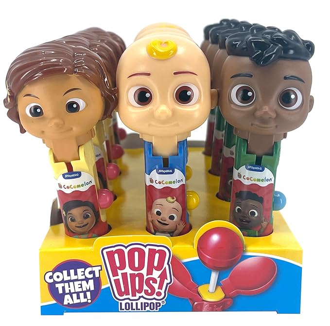 Pop Ups! CoComelon Classic Lollipop Holders - Nina, JJ, and Cody - 12 Lollipops with Cases - Individually Wrapped Candy Party Favors for Halloween - CoComelon Classic Candy - Bulk Set of 12