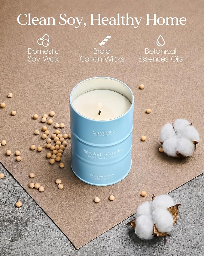 M&SENSE Sea Salt Vanilla Beach Scented Candles, Coastal Soy Candle, Summer Candle for Stress Relief Meditation Relaxing, Housewarming Gifts for Women Men, 11.3oz 70 Hour Long Burning