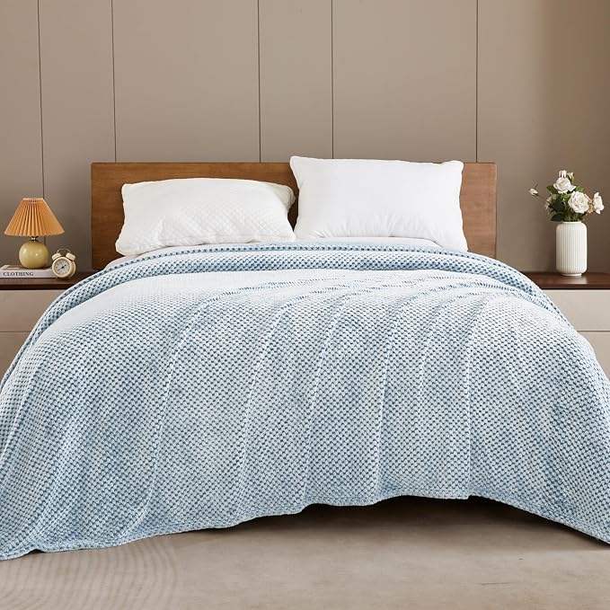 Exclusivo Mezcla Soft Waffle Fleece Bed Blanket Queen Size, Heather Blue | Lightweight Plush Blanket for Bed, Bedroom, Cozy Flannel with Waffle Texture, Stylish Home Decor, All Season, 90x90 Inches