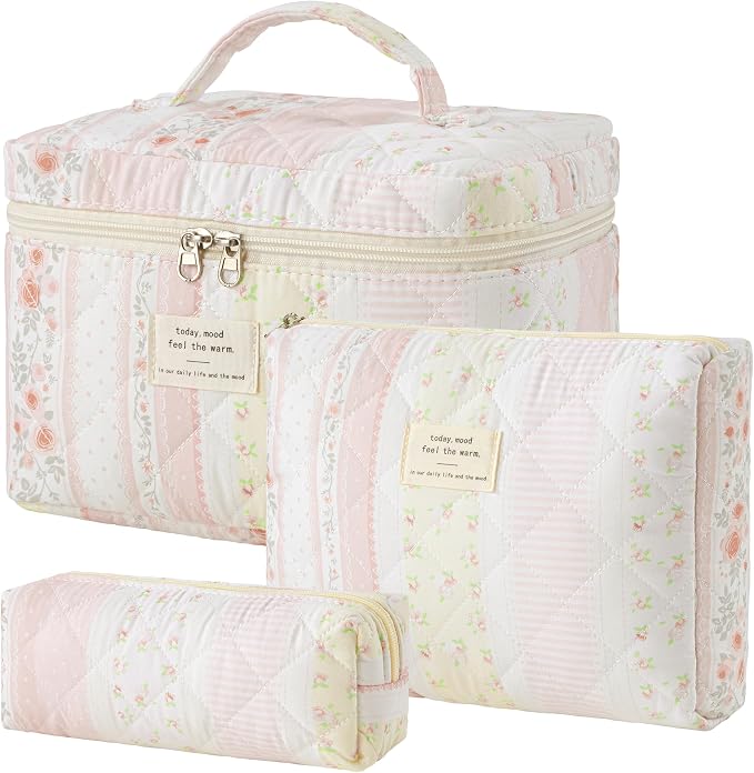 HBselect Quilted Makeup Bag, 3PCS Cotton Large Travel Makeup Bag, Cute Floral Coquette Make up Bag Cosmetic Bag Toiletry Bag for Women Girls
