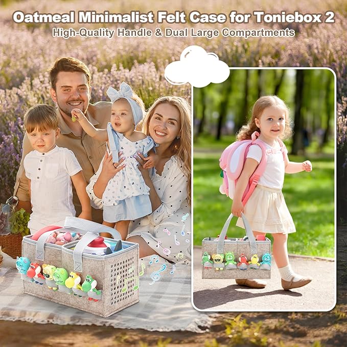 PISOSN Carrying Case for Toniebox Starter Set and Tonies Figurines, Travel Felt Cloth Musical Toy Folding Bag for Toniebox 2 & Accessories (Oatmeal)