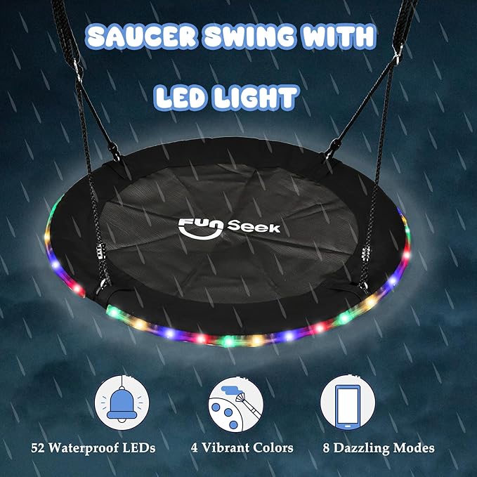 48 Inch Tree Swing with LED Light for Kids, 900lbs Flying Saucer Swing, with Adjustable Hanging Straps, for Indoor and Outdoor, Great Gifts for Kids (48INCH)