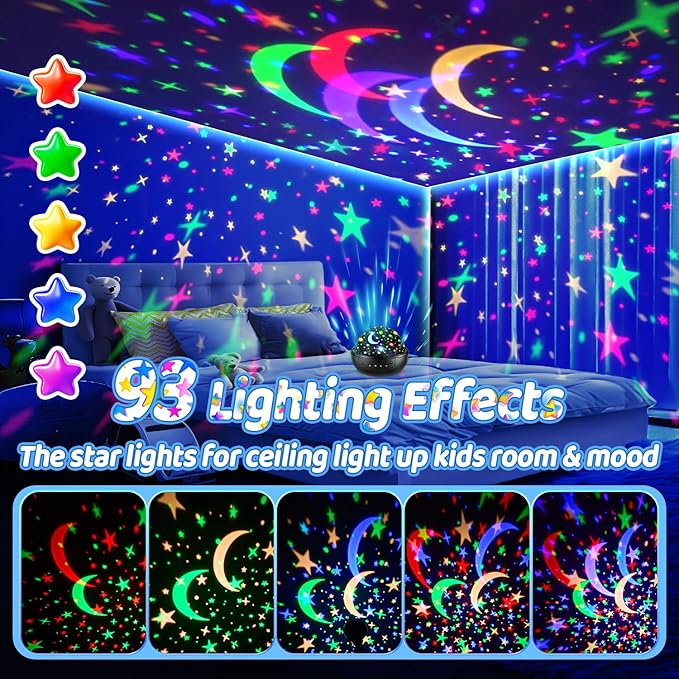 COOLNIGHT Night Light for Kids, 93 Lighting+3 Films Kids Night Light Projector, Remote+Dimmable Star Projector, 360°Slient Glow in The Dark Stars for Ceiling,Gifts for 4 Year Old Boys Christmas Gifts