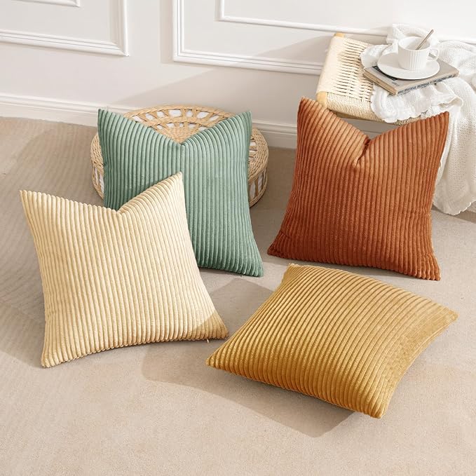 MIULEE Soft Corduroy Decorative Throw Pillow Covers Orange Teal 24x24 | Set of 4, Mordern Rustic Home Decor, Retro Vintage Set, Boho Farmhouse Cushion Covers for Couch Bed Sofa Living Room
