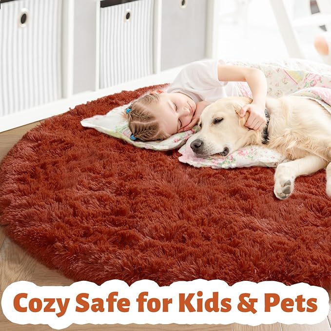 Amdrebio Terracotta Rust Circle Round Rug 4Ft for Bedroom Living Room Aesthetic, Fluffy Fuzzy Thick Shag Area Rugs for Kids Room Decor, Small Plush Furry Shaggy Carpet for Nursery Dorm Classroom