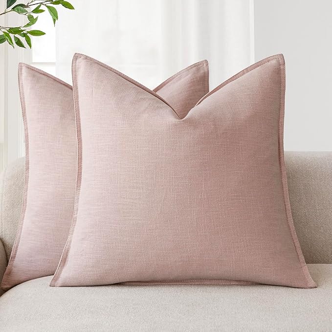 Foindtower Pack of 2, Decorative Linen Solid Throw Pillow Covers Soft Accent Cushion Case Boho Farmhouse Pillowcase for Bed Chair Couch Sofa Bedroom Living Room Home Decor 16 x 16 Inch Light Pink