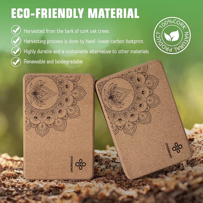 Overmont Cork Yoga Blocks 2 pack with 8ft Strap Natural Cork Bricks | High Density & Eco Friendly Yoga Accessories for Women - Ideal for Yoga Pilates General Fitness and Stretching 9x6x3''