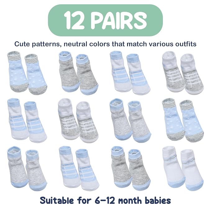 Mother's Choice Organic Cotton Baby Socks Non Slip Infant 6-12 Months - 12 pairs Soft and Cozy, Gentle Newborn Socks, Ideal Baby Gift, Infant Footwear for Daily Comfort and Little Feet Safety