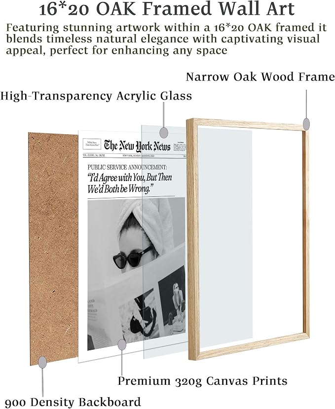 EcoHest 16x20 in Cool Girl Newspaper Framed Wall Art for Bedroom | Solid Oak Wood Frame, Canvas Wall Art, Girly Fashion Magazine Decor for Bedroom, Apartment, Dorm, College Room, 1Pack