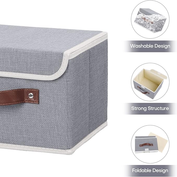 ANMINY Fabric Storage Box Bins with Lids, Gray, 10"x8"x7", 4 Pack | Keepsake Memory Storage, Cotton Linen, PP Board Reinforced, Washable, PU Handles, Foldable & Stackable, Decorative, Small