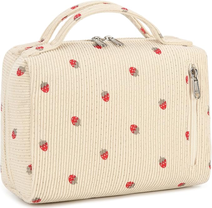 Bluboon Makeup Bag Zipper Pouch Travel Toiletry Bag Portable Cosmetic Bag Organizer for Women and Girls(Strawberry Corduroy Beige)