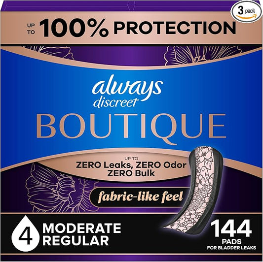 Always Discreet Boutique Incontinence Pads, for Bladder Leaks, Moderate Absorbency, Regular Length, 144 Count (3 Packs of 48)