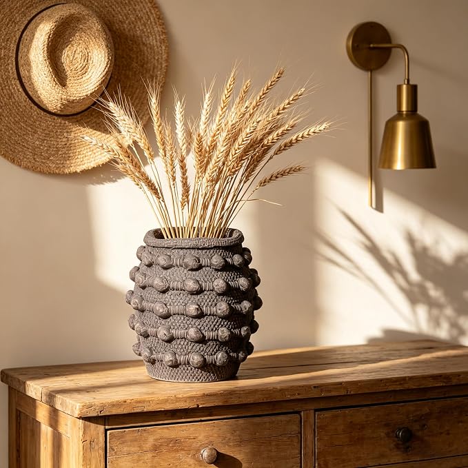 Rustic Farmhouse Vase, Boho Brown Vases for Pampas Grass Small Textured Knotted Vase for Flowers Decorative Cement Floral Vases for Home Decor, Living Room, Dining Table