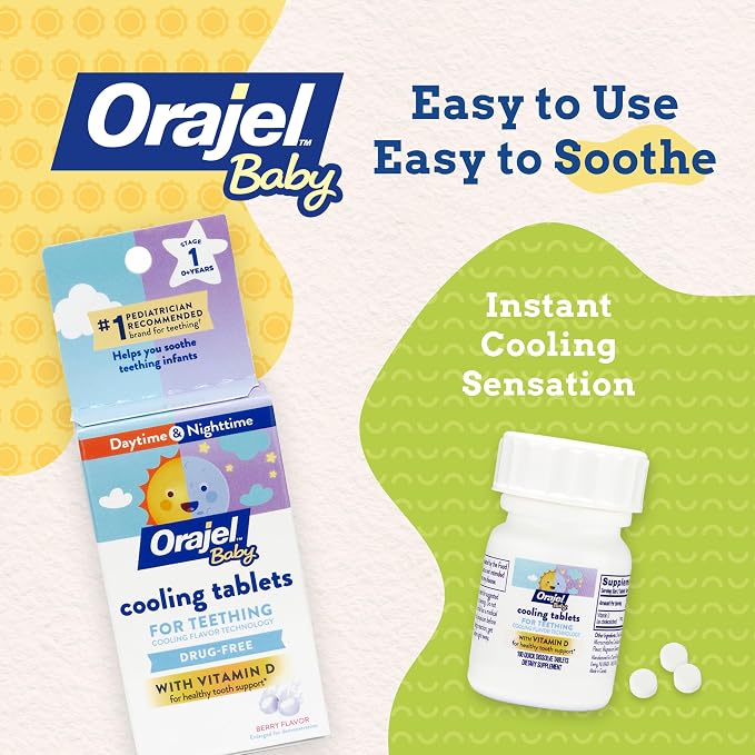 Orajel Baby Cooling Tablets for Teething with Vitamin D, 100 Quick Dissolve Tablets,White, (Pack of 2)