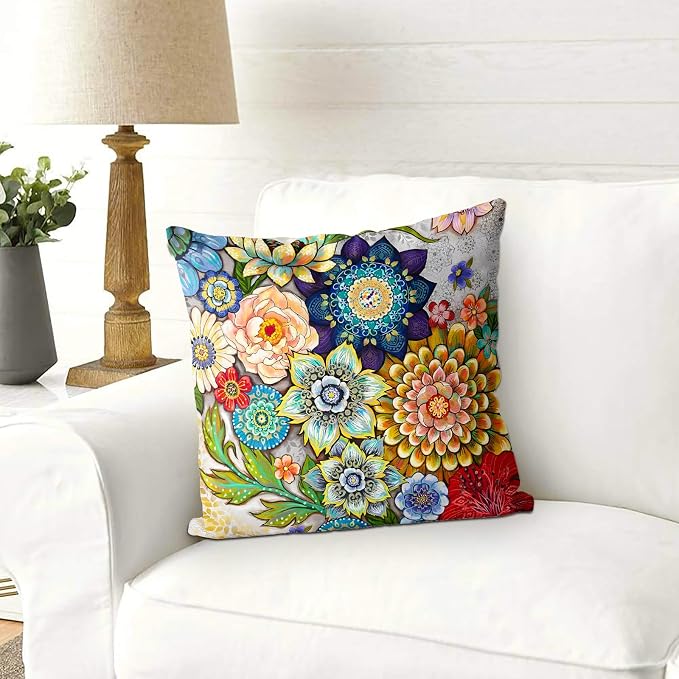 Snycler Boho Floral Throw Pillow Covers Set of 2 Colorful Boho Flower Decorative Cushions Pillowcase for Bedroom Sofa Home Decor, 24x24 Inch, Velvet, Short Plush