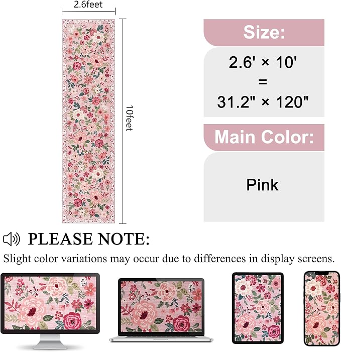 DUKINO 2.6x10 Runner Rug for Hallway, Washable Kitchen Rugs Non Slip, Pink | Soft, Low Pile, Floral Indoor Floor Rug Runner for Entryway, Bedroom, Bathroom, Laundry, Pet Friendly, Home Decor, Ultra-Thin