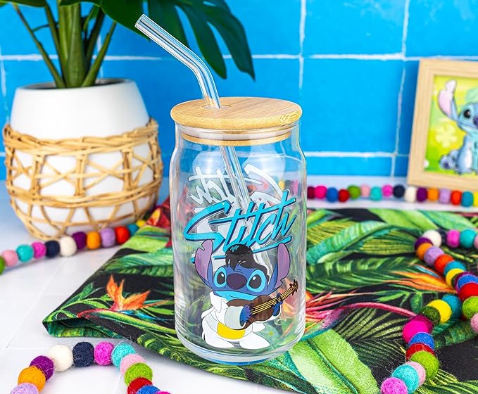 Silver Buffalo Disney Lilo and Stitch Glass Tumbler with Bamboo Lid and Glass Straw Featuring Stitch in an Elvis Costume, 16 Ounces