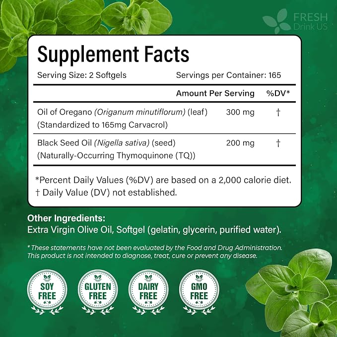 FreshDrinkUS, Premium Oregano Oil Softgels | 330 Count | Blend of 300mg Oregano Oil (Origanum minutiflorum) + 200mg Black Seed (Nigella sativa) – Plant-Based Source of Natural Antioxidants.