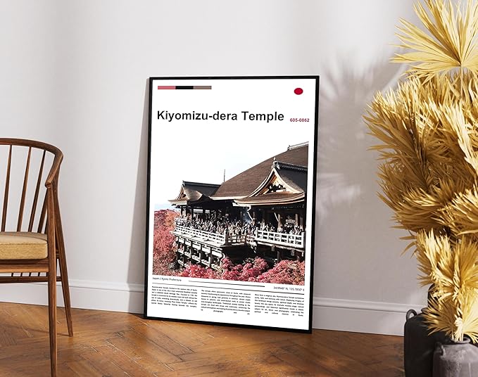 Poster Kiyomizu-dera Temple Wall Art Original Design(30"x20" Golden Frame) Kyoto Japan Pagoda Print Autumn Red Maple Leaf Landscape Scenery Buddhist Shrine Zen Culture Travel Landmark Series Picture