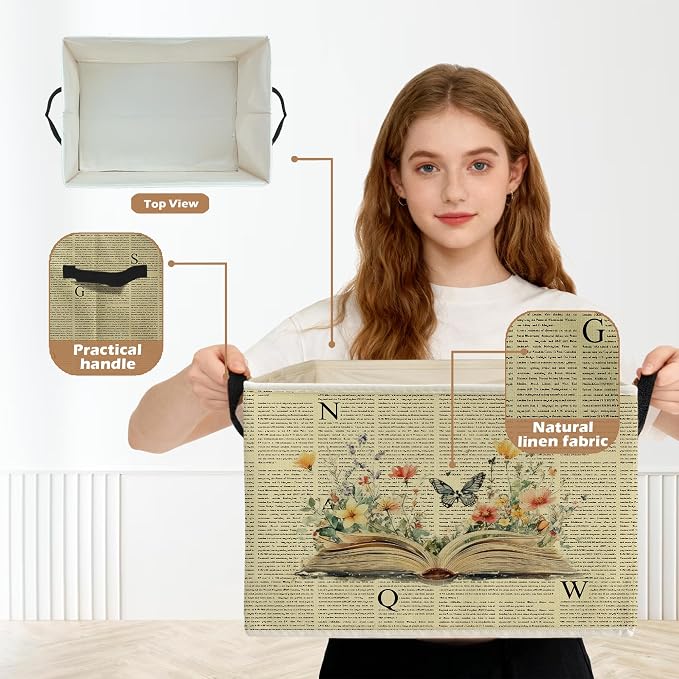 Vintage Book Storage Box Bins, Reading Corner Nook Room Decor, Bookish Librarian Gifts Collapsible Storage Basket Organizer for Home Library Classroom Clothes Books