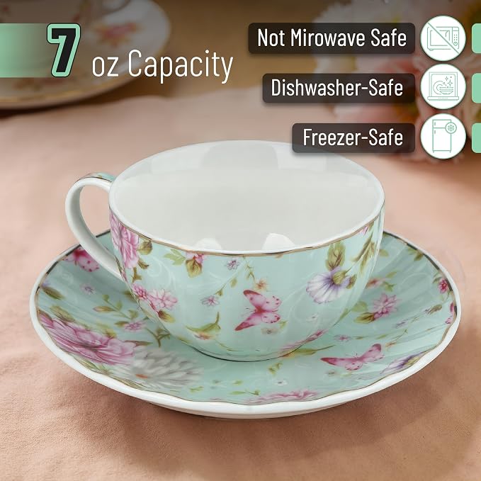 BTaT- Floral Tea Cups and Saucers, Set of 6, 7 oz, Fine Porcelain Teacup Set with Gold Trim for Afternoon Tea, Weddings, Parties & Gifting, Dishwasher Safe and Freezer Safe