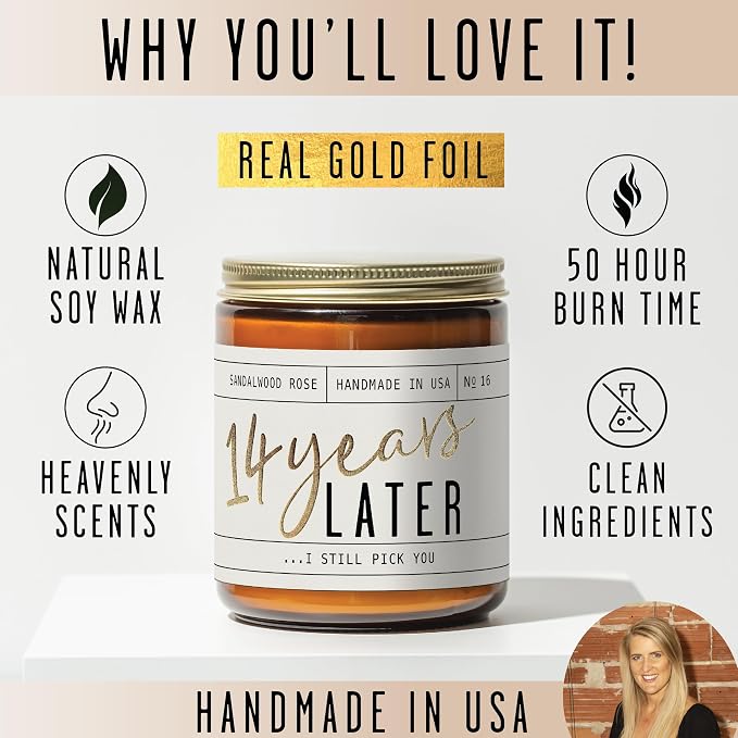14 Year Anniversary Gift for Her - '14 Year Later' Candle, w/Sandalwood Rose - infused w/Essential Oils I 14th Anniversary Gifts for Wife I 14 Year Wedding Anniversary Gifts I 50Hr Burn I USA Made