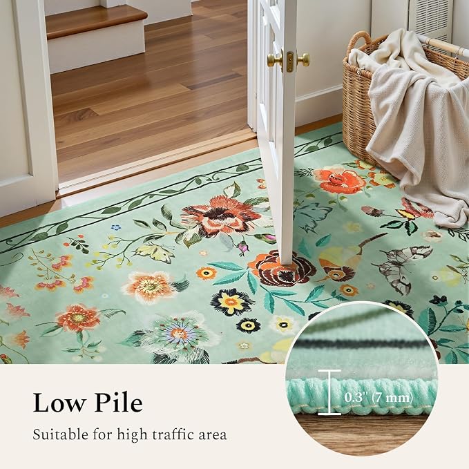 Rugflix 5x7 Washable Area Rug for Living Room, Soft Non Slip Low Pile Carpet, Floral Vintage Stain Resistant Rugs for Bedroom, Dining Room, Home Office, Green