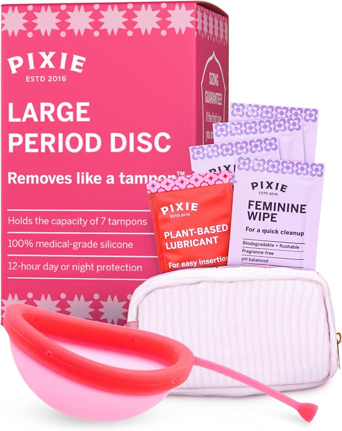Pixie Menstrual Disc for Feminine Care - Ranked 1 for Best Tampon Alternative Period Disc - 100% Medical-Grade Silicone - Removes Like a Tampon - Wear 12 Hours - Capacity of 7 Tampons (Large)