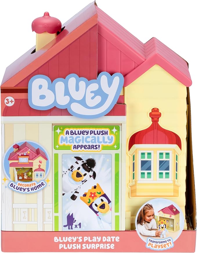 Bluey Play Date Plush Surprise, Decorate House with Stickers, Attach The Play Time Sign, Then Open The Door for a Surprise Plush to Appear, Plush Style May Vary