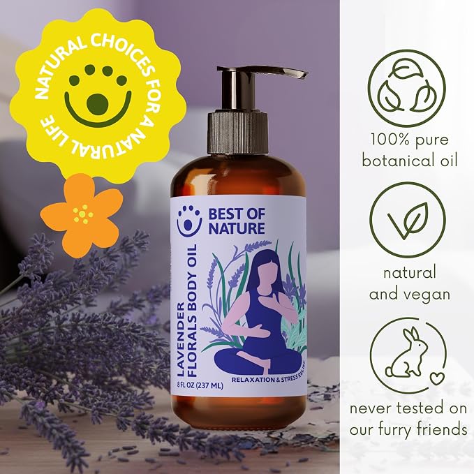 Best of Nature Lavender Florals Aromatherapy Massage & Body Oil - Tranquil, Soothing Blend with Lavender, Sage, Rosewood & Palmarosa, Ideal for Relaxing Massage or Daily Moisturizing (64 Fl Oz)
