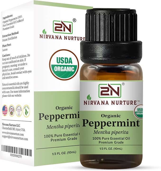 Peppermint Essential Oil, USDA Certified Organic, 100% Pure Undiluted, Aromatherapy Oil for Diffuser, Hair & Skin Care