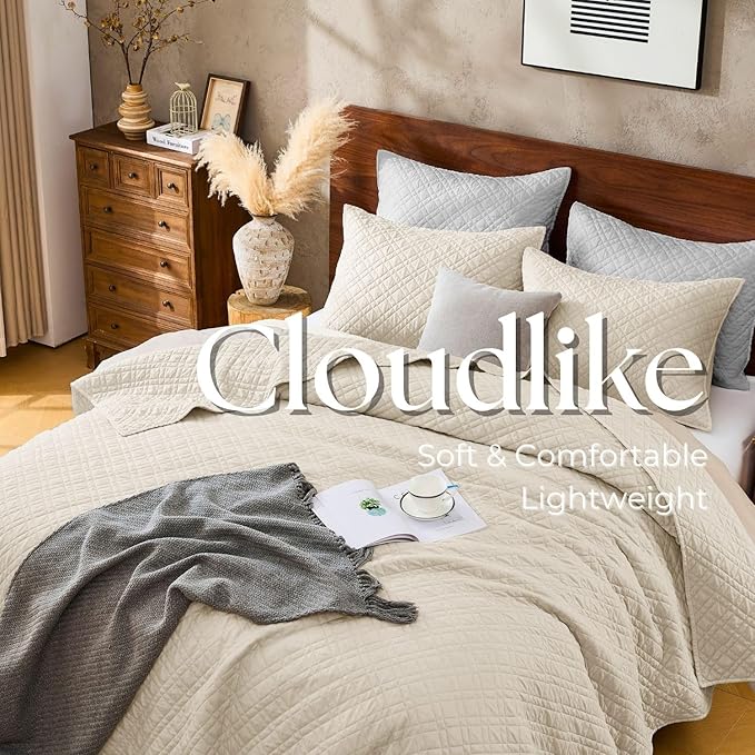 Cali King Quilt Set with Shams Lightweight Quilted Bedspread Coverlet Thin Comforter Bed Cover Vintage Washed Quilted Blanket for All Season, Brushed Microfiber Diamond Stitching, Beige, 111"x92"