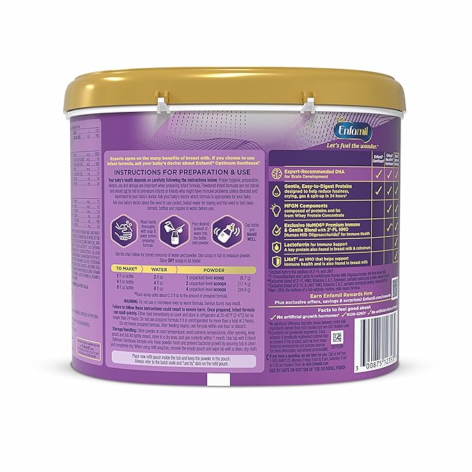 Enfamil Optimum Gentlease Baby Formula, Our Closest Formula to Breast Milk For Fussiness, Crying, Gas & Spit-up, Immune-Supporting Lactoferrin also found in Breast Milk, 19.5 Oz, Pack of 4