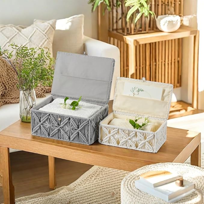 Decorative Boho Storage Baskets with Lid Natural Macrame Boxes | Handmade Cotton Rope Woven Bins, Shelf Desk Organizer Container for Jewelry Memory Keepsake Photo Makeup, Gray, Large