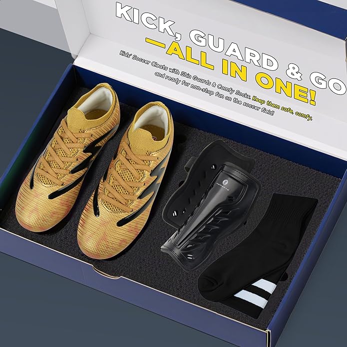 brooman Kids Firm Ground Soccer Cleats Boys Girls Football Shoes with Shin Guards and Soccer Socks