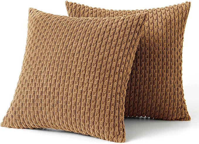 MIULEE Decorative Throw Pillow Covers 18x18 Light Coffee Textured Corduroy | Pack of 2 Striped Pillow Covers Modern Farmhouse Fall Home Decor for Couch Bed Sofa Living Room