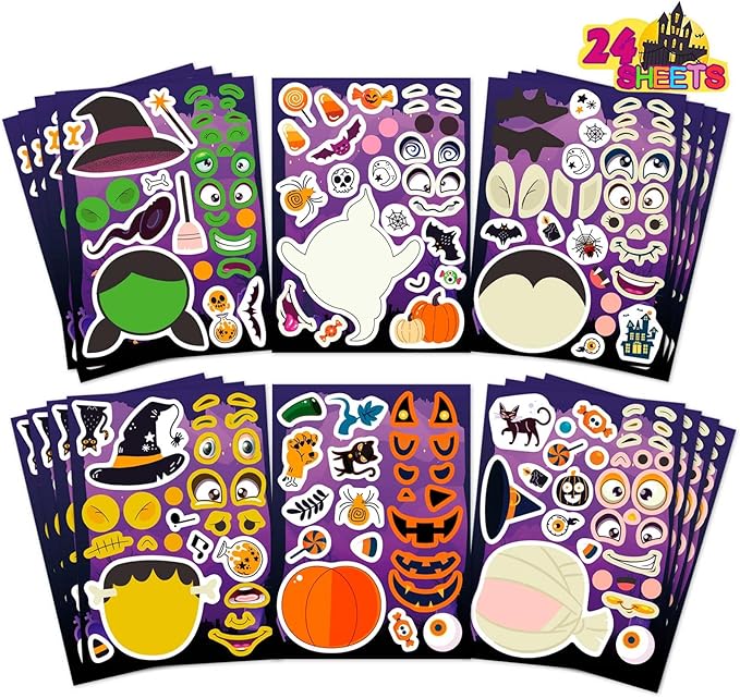 24 PCS Make-a-face Halloween Sticker Make Your Own Halloween Character Mix and Match Sticker with Vampire, Witch, Mummies Zombies, Ghost and Pumpkin Trick or Treat Halloween Goodie Bag Fillers