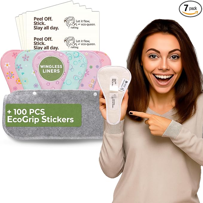 Wingless Camel Toe Panty Liners with Adhesive Sticker (Thong, 7-Pack) – 2-in-1 Reusable Camel Toe Guard & High-Temp Washable Cloth Liners – 100% Breathable Organic Cotton, Stay-Put