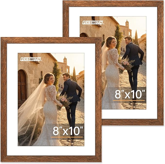 FIXSMITH 8x10 Picture Frame 2 Pack, Rustic Brown Photo Frame with HD Plexiglass, Display Pictures 5x7 with Mat or 8x10 Without Mat, Rustic Brown Multi Picture Frames Collage for Tabletop or Wall Display