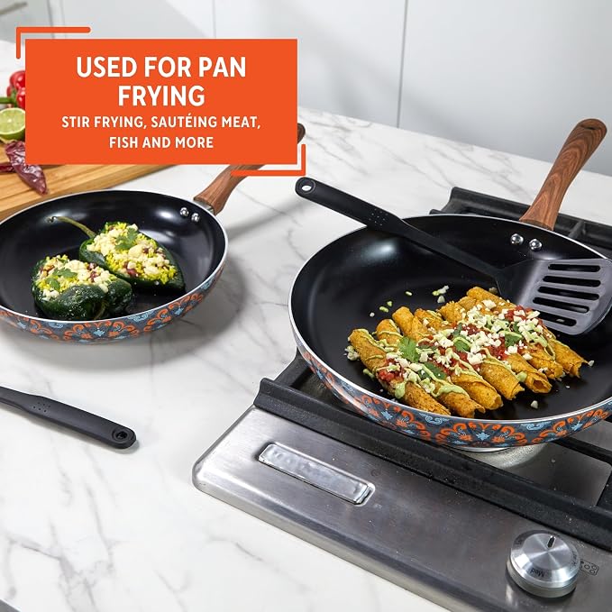 IMUSA 4 Piece 8 & 10 Inch Talavera Aluminum Black Ceramic Fry Pan Set | Nonstick Ceramic Surface, Soft-Touch Handles, Includes 8 Inch and 10 Inch Fry Pans, Great for Daily Use