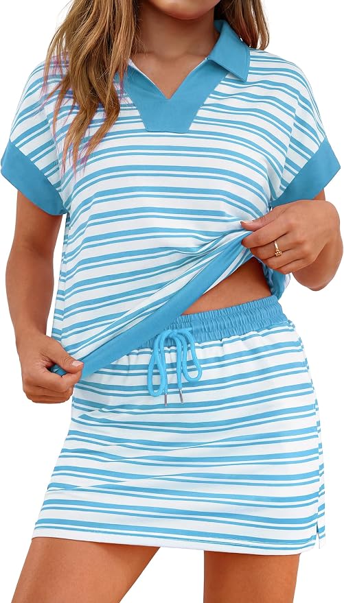 Womens Striped 2 Piece Outfits Skirt Set Summer Casual Short Sleeve Polo Skort Workout Set Matching Lounge Sets