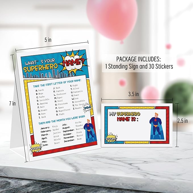 Superhero Theme What's You Superhero Name Game, Baby Shower Game Stickers, Birthday Game, Party Decoration, Activity Game for Office or Class, Package Contains 1 Sign and 30 Name Stickers(wyn13)