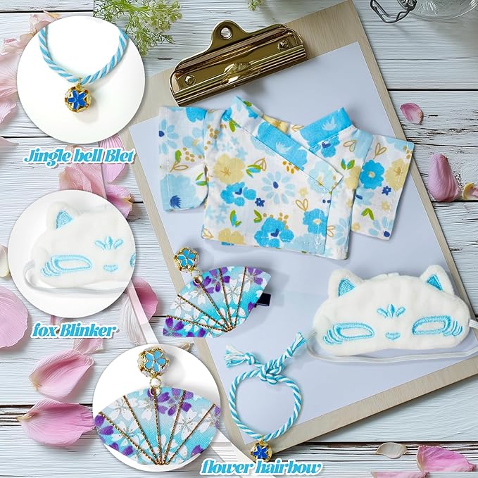 17cm Doll-Clothes-Set,Outfit Accessories Kimono Set for 6.7inch Dolls Boys, Kawaii Chic Designer Style Fan Pattern Hairbow+Blue Clothing Pajamas+Cute Mask for Halloween(NO Doll)