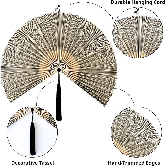 ChumDecor Bamboo Fan Wall Decor, Japanese Wall Fan Decoration, Gray 31 in | Cute Decorative Oriental and Asian Style Hanging Piece for Above the Bed Headboard Nightstand or Small Living Room