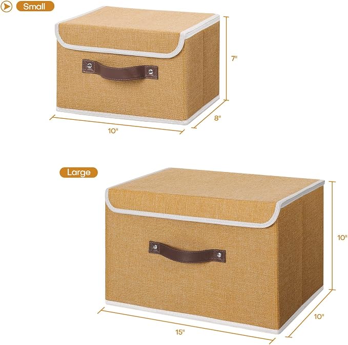 ANMINY Fabric Storage Box Bins with Lids, Khaki, 10"x8"x7", 2 Pack | Keepsake Memory Storage, Cotton Linen, PP Board Reinforced, Washable, PU Handles, Foldable & Stackable, Decorative, Small