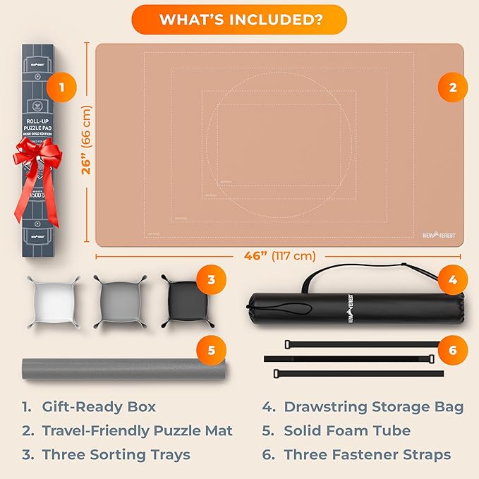 The Original Newverest Jigsaw Puzzle Mat Roll Up, Rose Gold, 46” x 26” Portable Keeper Up to 1500 pieces with Non-Slip Rubber Bottom & Smooth Top + 3 Puzzle Sorting Trays & Travel-Friendly Storage Bag