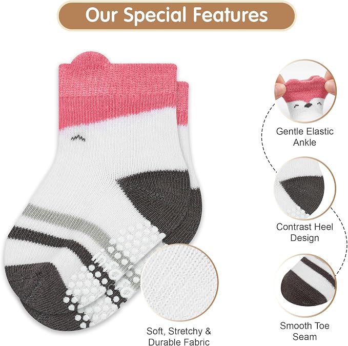 Organic Cotton GOTS Certified Non-Slip Baby Socks 0-6 Months - 7 Pairs Soft Breathable Newborn Socks Animal Design For Infant